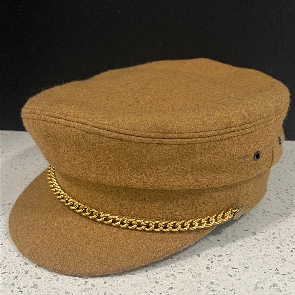Vintage XL HENDERSON & CUDMORE 100% Wool Tan Cap | Gold Chain, Buttons 24.5”